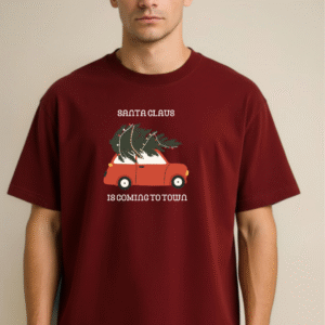 Unisex Santa Coming Home Printed Round Neck T-Shirt – Maroon