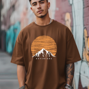 Unisex Oversized Adventure Printed T-Shirt – Coffee Brown