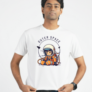 Unisex Outer Space Kid Helmet Printed Round Neck T-Shirt – White
