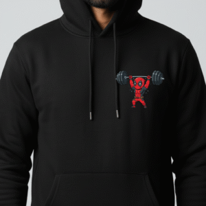 Unisex Black Hoodie – Deadpool Gym Mode (Weight Lifting Design)